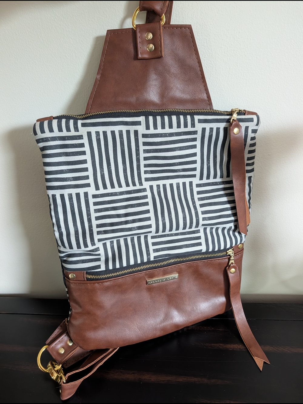 Hannah Wingate Canvas & Leather Geometric Sling Backpack Crossbody Bag
